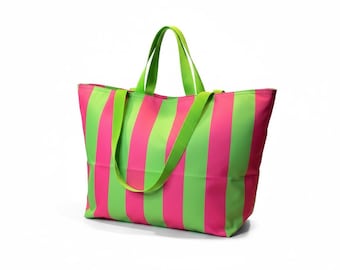 Striped shopper made of water-repellent fabric, handmade beach bag, shopping bag, pink and lime green, block stripes, bathing bag, sports bag