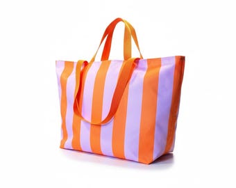 Striped shopper made of water-repellent fabric, handmade beach bag, shopping bag, lilac, orange, block stripes, bathing bag, sports bag