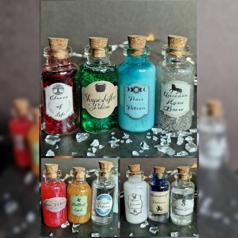 May include: Ten small glass bottles with cork stoppers and labels. The labels have different potion names, including "Clixir of Life", "Shapeshifter Potion", "Peace Potion", "Unicorn Horn Brew", "Love Potion", "Bottled Luck", "Truth Potion", "Gnome Brew", "Werewolf Potion", and "Sea Foam".