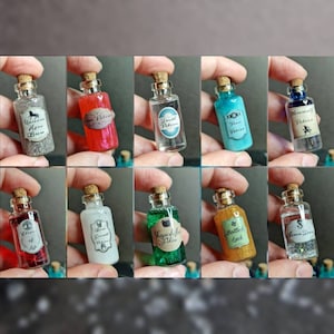 May include: Ten small glass bottles with cork stoppers filled with colorful liquids and glitter. Each bottle has a label with a different potion name, such as "Unicorn Horn Brew", "Truth Potion", and "Shapeshifter Potion".