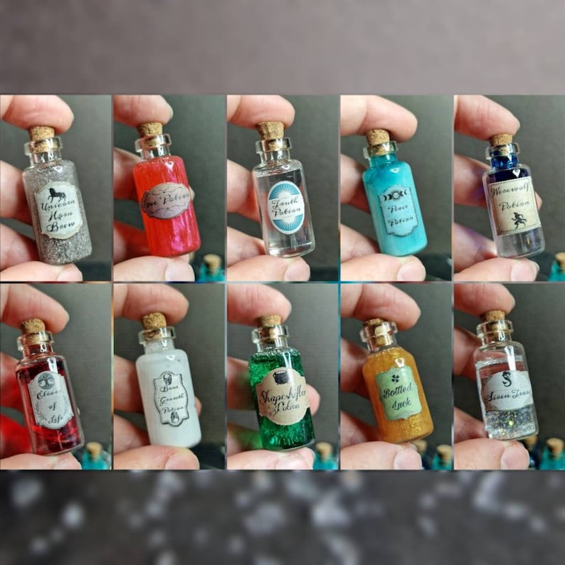 May include: Ten small glass bottles with cork stoppers filled with colorful liquids and glitter. Each bottle has a label with a different potion name, such as "Unicorn Horn Brew", "Truth Potion", and "Shapeshifter Potion".