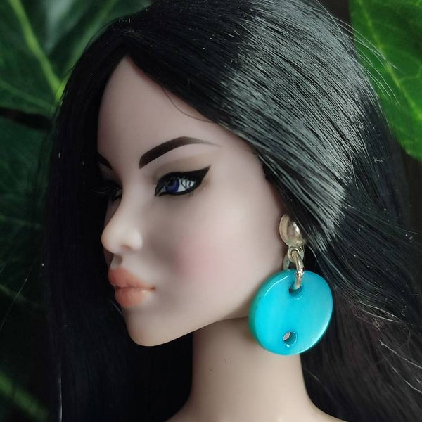 1 PAIR of Handmade Dolls' blue Nacre earrings/miniature/tiny/mini/for dolls/accessories/Fashion Royalty/Momoko//Poppy Parker/FR2