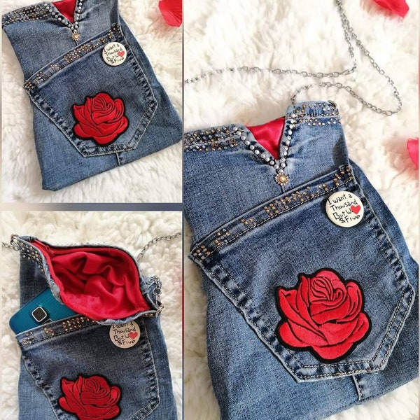 Handmade shoulder bag denim pochette with rose patch/creative recycling/hand sewed/pin/strass/pocket/red satin/gift idea/chain