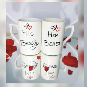 2pcs SET of Handmade Divisible Mug for couple&quot;His Beauty/Her Beast&quot;/lovers/Coffee/Tea/hot chocolate/Cup/gift idea/breakfast/love/valentine