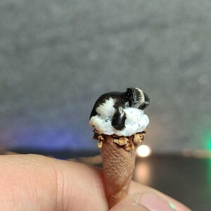 Può includere: Un cono gelato in miniatura con gelato bianco e nero e una glassa al cioccolato.