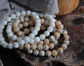 Special Mother of Pearl Stretchy Bracelet, Natural 8mm Special Black Line Mother of Pearl Beaded Bracelet,