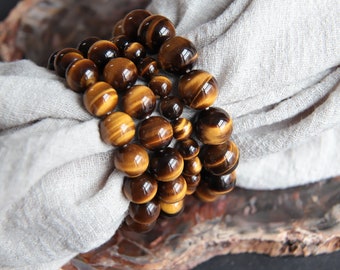Tiger Eye Bracelet, Round Beads, Beaded Tiger's Eye Bracelet, Healing Stone Bracelet for Men and Women