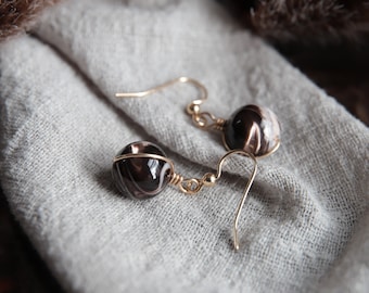 Milk Chocolate Mother of Pearl Wire Wrapped Earrings, Gold Filled with Beads Earrings,