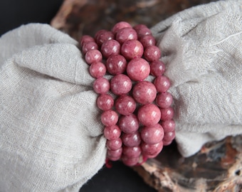 AAAA Rhodonite Gemstone Bracelet, Relaxing Energy, Stretchy Fit