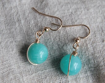 Amazonite Wire Wrapped Dangle Earrings, Gold Filled with Beads Earrings,