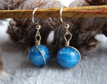 Blue Apatite Wire Wrapped Earrings, Gold Filled with Beads Earrings,