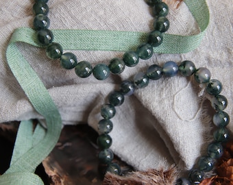 High Quality 8.5mm+ Moss Agate Bracelet, 8'' Moss Agate Stretchy Bracelet,