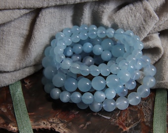 Natural Blue Aquamarine Bracelet - Round Healing Stone, Good for Meditation and enhance communication