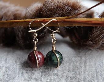 Multicolor Alashan Agate Wire Wrapped Earrings, Gold Filled with Beads Earrings