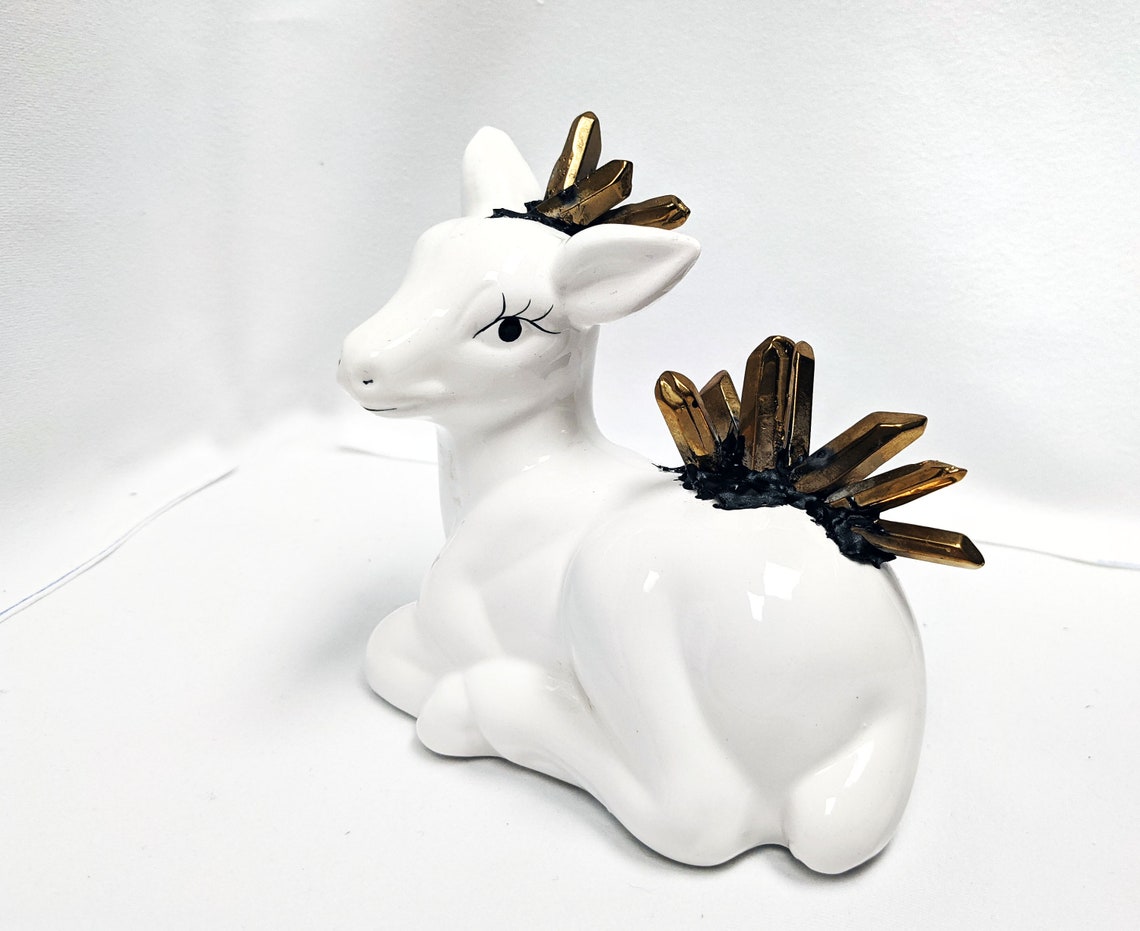 Gold Crystal Adorned Deer Decor Piece, Gold Deer, Gold Ceramic Art