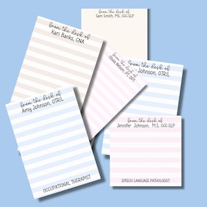 May include: A collection of personalized notepads with striped patterns in pastel colors. Each notepad features the phrase "from the desk of" followed by a name and professional title, such as "Occupational Therapist" or "Speech Language Pathologist."