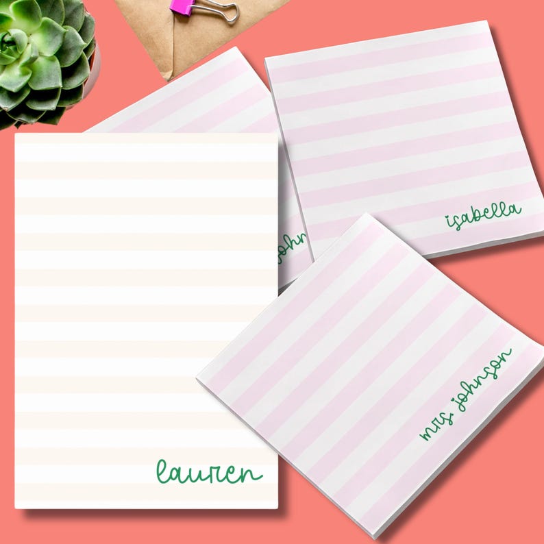 Cute Post it notes.  Pink and white strip post it notes with name.  Cust cream and white stripe post it note.