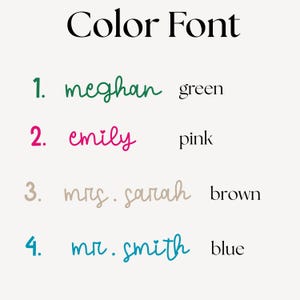 May include: A color font chart displaying four numbered options with names in cursive script. Option 1 is green text reading meghan, 2 is pink text reading emily, 3 is brown text reading mrs. sarah, and 4 is blue text reading mr. smith.