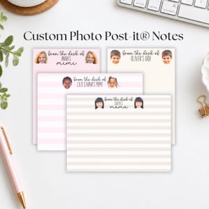 May include: Four rectangular adhesive note pads featuring custom printed photos of children's faces and personalized text. The pads include designs with pink or beige horizontal stripes and solid backgrounds, each labeled with phrases like from the desk of.