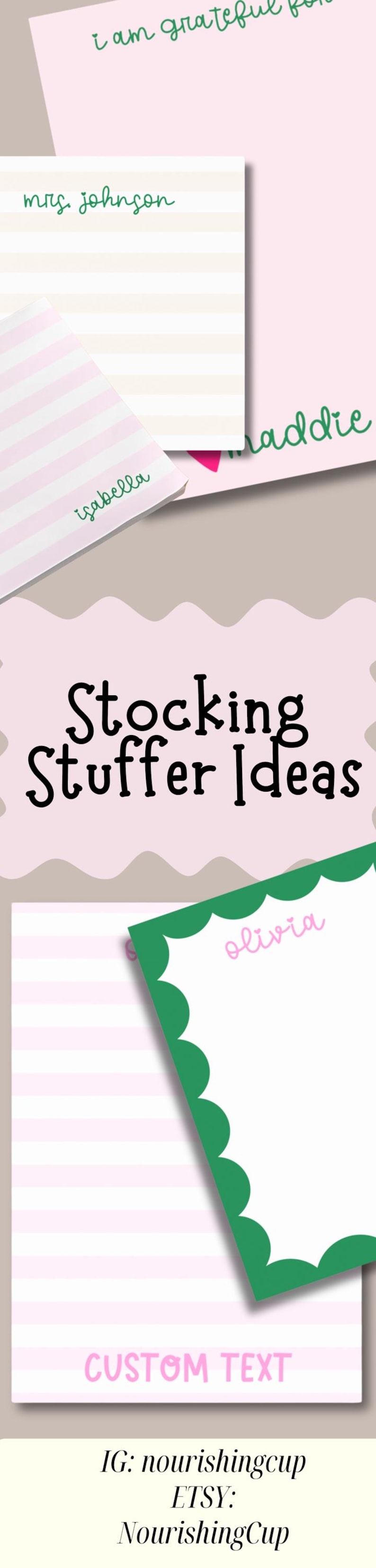 May include: A collection of personalized stationery note pads featuring light pink and white stripes, solid pink sheets with the text I am grateful for, and white sheets with green scalloped edges. Names include mrs. johnson, maddie, isabella, and olivia.