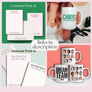 May include: A collection of custom stationery note pads with pink stripes and personalized text, alongside white ceramic mugs featuring green text reading Chaos Coordinator or black text reading Dream Team 2025 with custom photo collages.