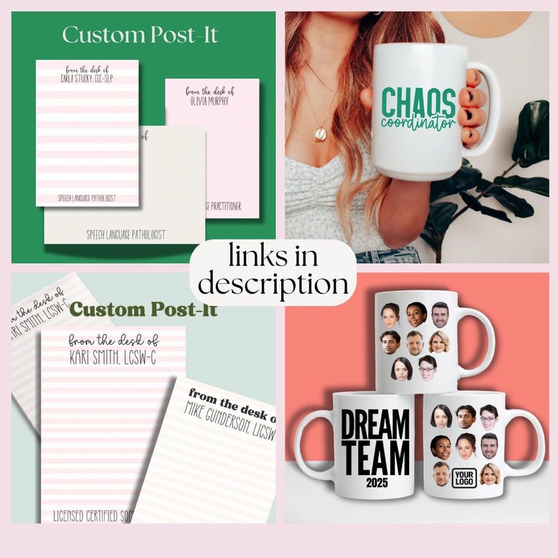 May include: A collection of custom stationery note pads with pink stripes and personalized text, alongside white ceramic mugs featuring green text reading Chaos Coordinator or black text reading Dream Team 2025 with custom photo collages.