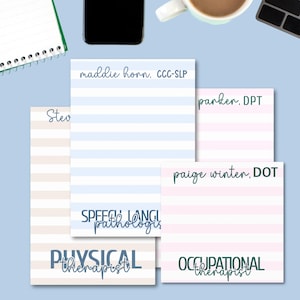 May include: A collection of personalized notepads with horizontal stripes in pastel colors. Each notepad features a name and professional title, including "Speech Language Pathologist," "Physical Therapist," and "Occupational Therapist."