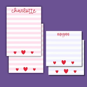 Pink Stripe Red Hearts Sticky Notes Post-it Note Pads | Personalized Valentine's Day Teacher Co-worker custom Post-it® note pads Birthday