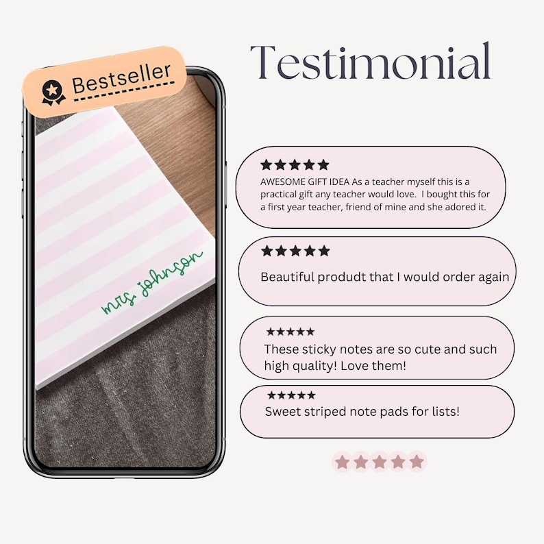 May include: A smartphone screen displaying a notepad with light pink and white horizontal stripes and the text "mrs. johnson" in green script. A "Bestseller" tag is at the top left. To the right, four customer reviews with five-star ratings.