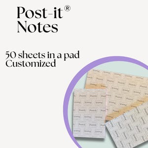May include: A set of customized Post-it Notes featuring 50 sheets in a pad. The image displays rectangular paper pads with a repeating Post-it logo pattern in light beige and white tones, presented within a circular purple graphic frame.