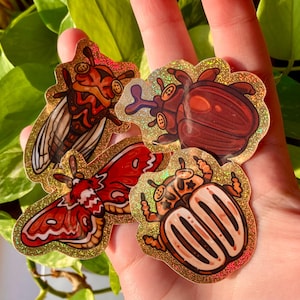 Könnte beinhalten: Eine Sammlung von Aufklebern zum Thema Insekten mit einem goldglitzernden Rand. Die Aufkleber zeigen detaillierte Illustrationen verschiedener Käfer, darunter eine Zikade, ein Käfer und eine Motte, in Rot-, Braun- und Orangetönen.