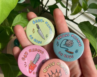 LGBT+ Retro Pastel Pride Pins, 1.75” Button Pins, Aggressive Pride, Queer Weapons, Trans, Queer Rights, Gay Rights, for backpack, purse