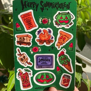 Summerween Watermelon Sticker Sheet, Gravity Falls, Summer, Cartoon, Halloween, Movie, Green, for journal, sketchbook, etc