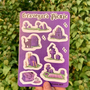 Graveyard Picnic Spooky Themed Sticker Sheet, Creepy but Cute, Purple, Halloween, Gothic, Black Cat, Ghost, Stickers for Bullet Journal