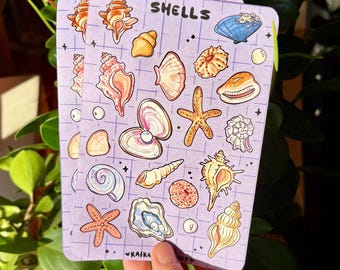 Pastel Seashell Sticker Sheet, Lilac, Beach, Whimsy, Costal, Mermaid, Pearl, for journal, sketchbook, stationery