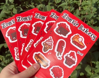 Zombie Bakery Sticker Sheet, Red, Cute Foods, Spooky, Horror, for Sketchbook, Bullet Journal