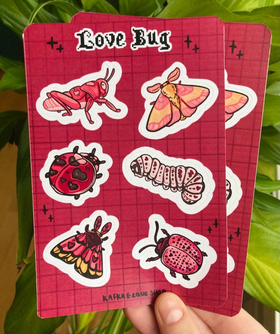 Love Bug *Limited Time* Valentines Day Sticker Sheet, Cute, Pink, Inspect, Moth Art, Gift, Hearts, for journal, sketchbook, etc