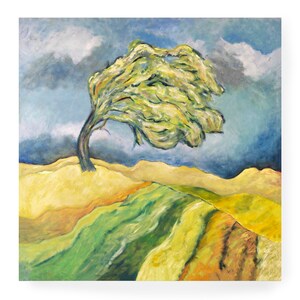 Square tree painting, contemporary art, landscape painting, colorful wall art, green meadow, living room, home decoration, nature painting