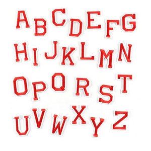 May include: A set of red embroidered alphabet letters with white borders, displayed on a white backdrop. The letters are in a traditional style, suitable for customising items or craft projects. Each letter is approximately 2.5 cm tall.
