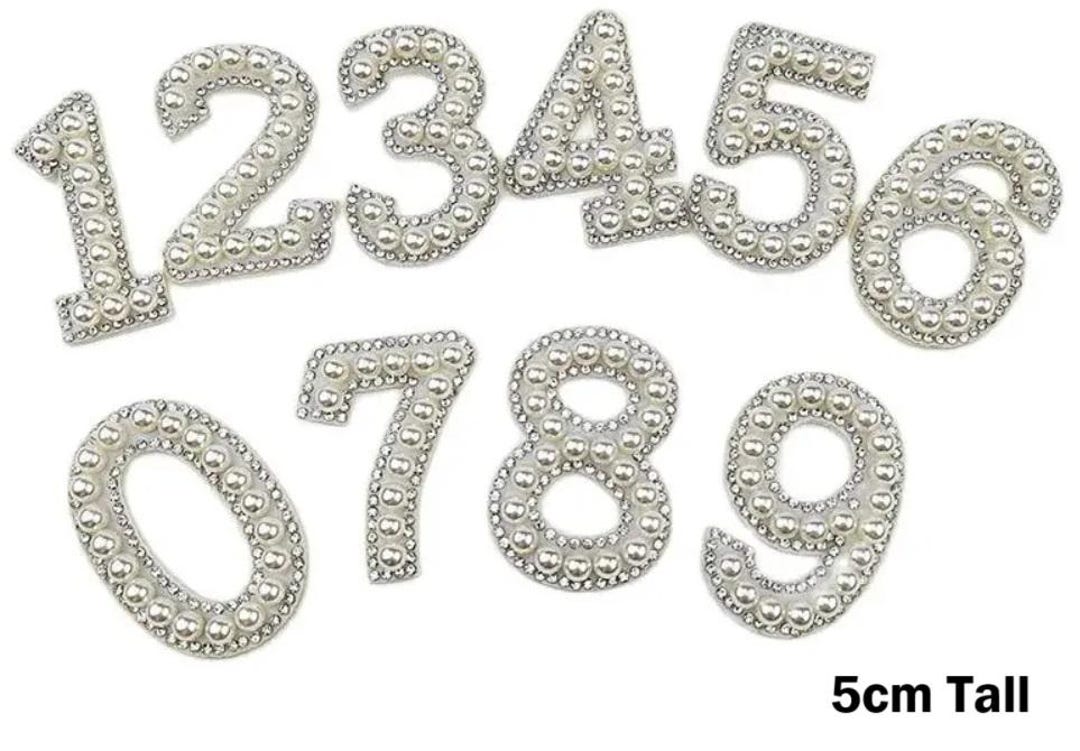 5cm Tall Pearl Number Patch White & Silver Rhinestone Alphabet Numbers ...