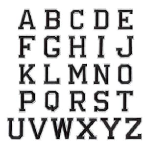 May include: A set of black and white embroidered alphabet letters, A to Z, displayed in rows. Each letter features a bold, blocky design with a white border, suitable for customising items or craft projects.