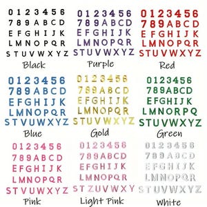 May include: A selection of alphabet letters and numbers in various colours, including black, purple, red, blue, gold, green, pink, light pink, and white. Each colour displays the full alphabet and numbers 0-6.