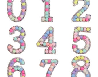 5.5cm Tall Number Patch Pastel Colours Pearl Rhinestone Alphabet Numbers Patches