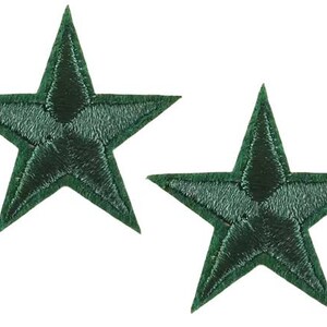 May include: Two dark green embroidered star patches. Each star features five points and a detailed, textured design. These patches are likely intended for decorative use on clothing or accessories.