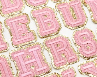 3D Gold & Pink Patch Embroidered Letter Patches Iron on Alphabet 6cm