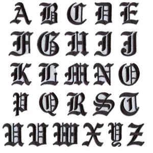 May include: A set of black embroidered gothic letters from A to Z, each with a white border. The letters are arranged in a grid on a white background. The font is ornate and decorative.