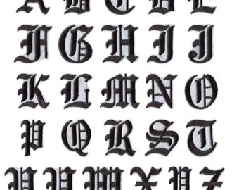 Old English Medieval Letter Patch Patches Iron on Alphabet Embroidery Customise Black with White Outline