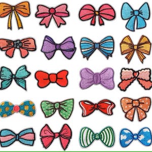 May include: A selection of embroidered bow patches in diverse colours, such as orange, pink, blue, and green. Each patch showcases a detailed bow design with stitched outlines and varied patterns, ideal for crafting or embellishment projects.