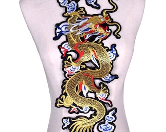 Large Oriental Colourful Dragon Patch 40x17cm Embroidered Iron on