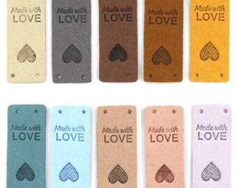 10 x Faux Suede Leather Labels Hand MADE WITH LOVE Clothing Tag Label Tags 5x2cm